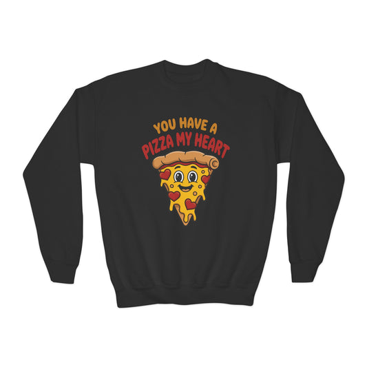 Youth Crewneck Sweatshirt - "You Have a Pizza My Heart" Cute Cartoon Pizza Graphic, Kids Valentine Crewneck TEEZOCA