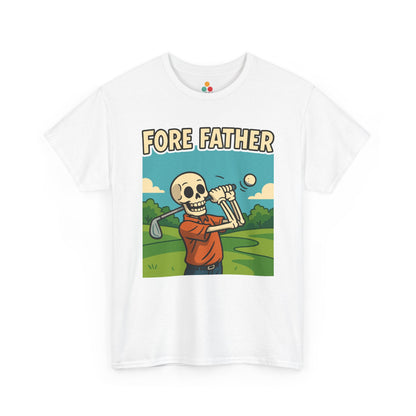 “White t‑shirt with cartoon skeleton golfer swinging a club on a green course and the caption ‘FORE FATHER’ above, flat front view.”

