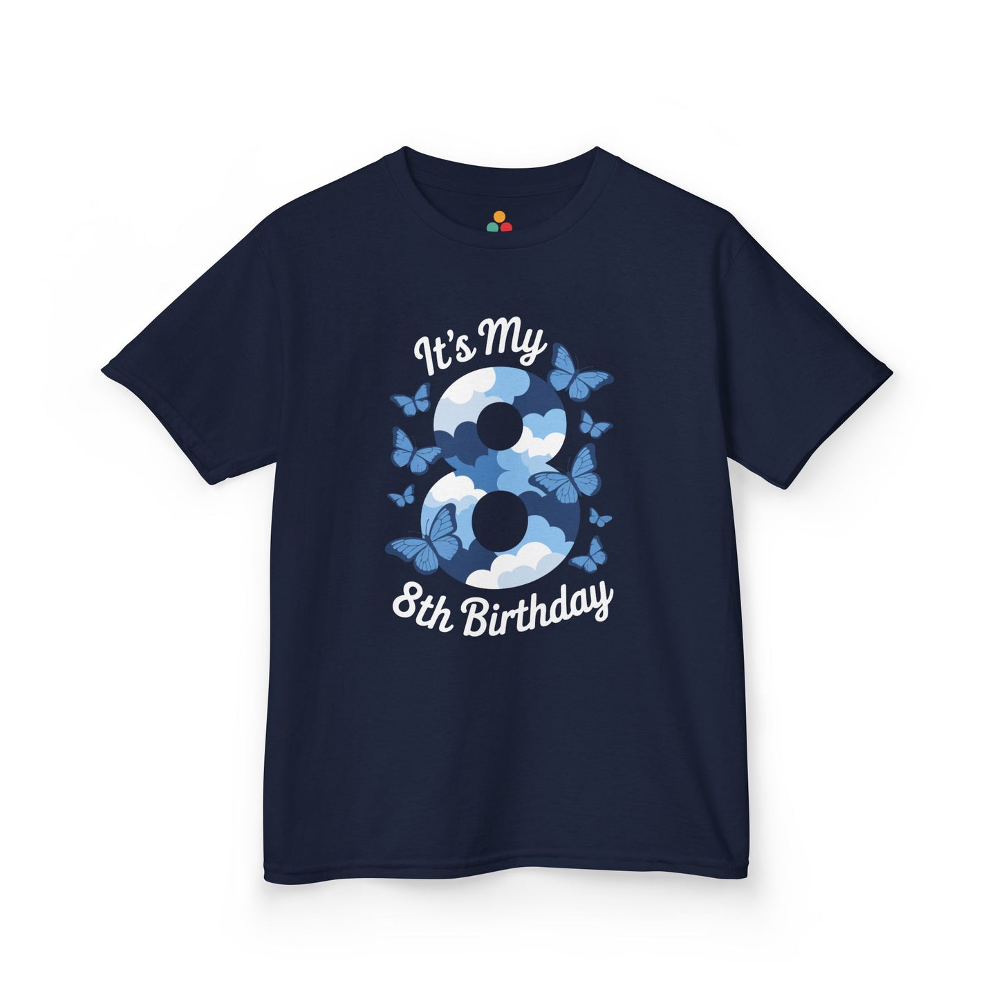 “Navy blue kids ‘It’s My 8th Birthday’ shirt featuring cloud-filled number 8 and butterflies, flat front.”

