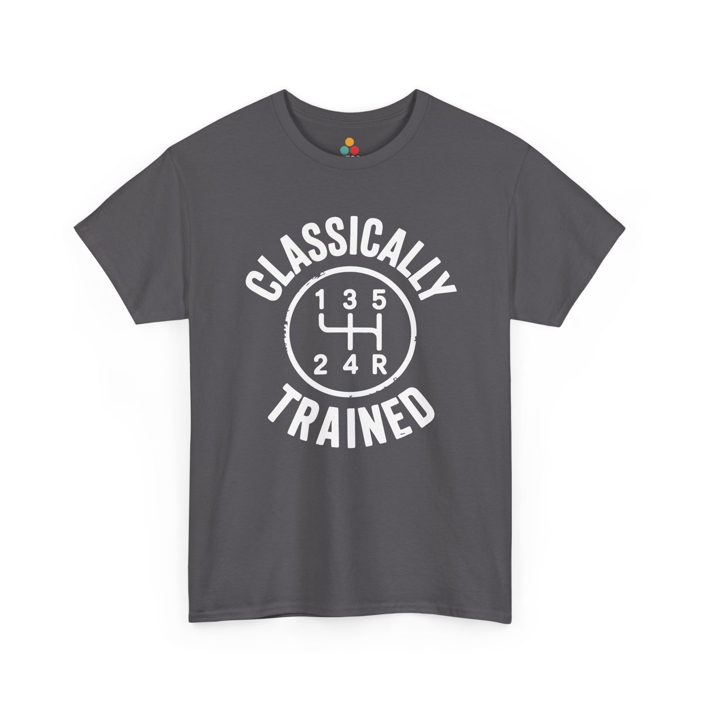 Dark heather gray: Dark heather gray t‑shirt with high‑contrast white “Classically Trained” gear pattern, flat front view.