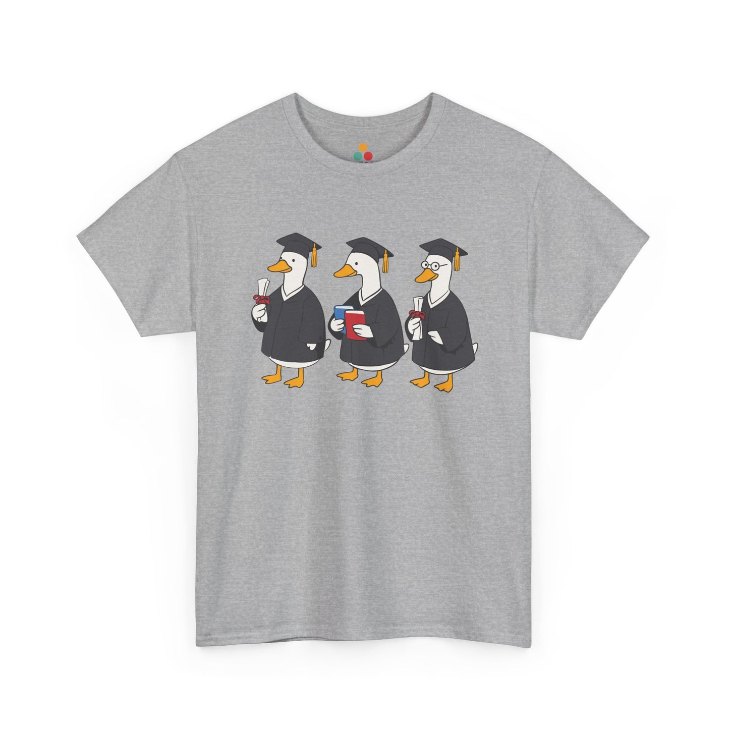 TEEZOCA gray graduation ducks cartoon t‑shirt shown flat.