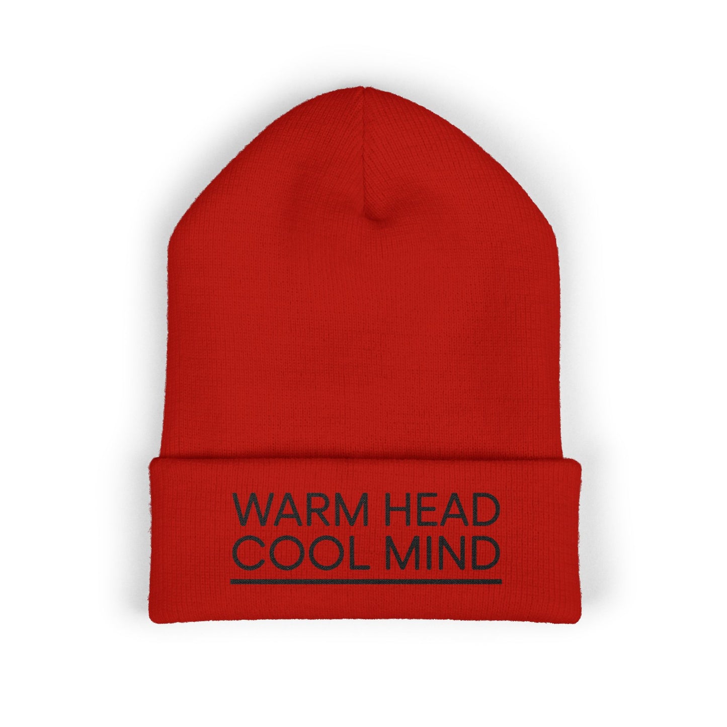 Red beanie with 'Warm Head Cool Mind' text on a white background. Black embroidered typography beanie reading Warm Head Cool Mind