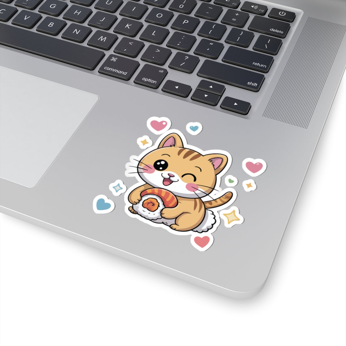TEEZOCA kawaii sushi cat sticker featuring adorable cartoon cat food art in pastel colors