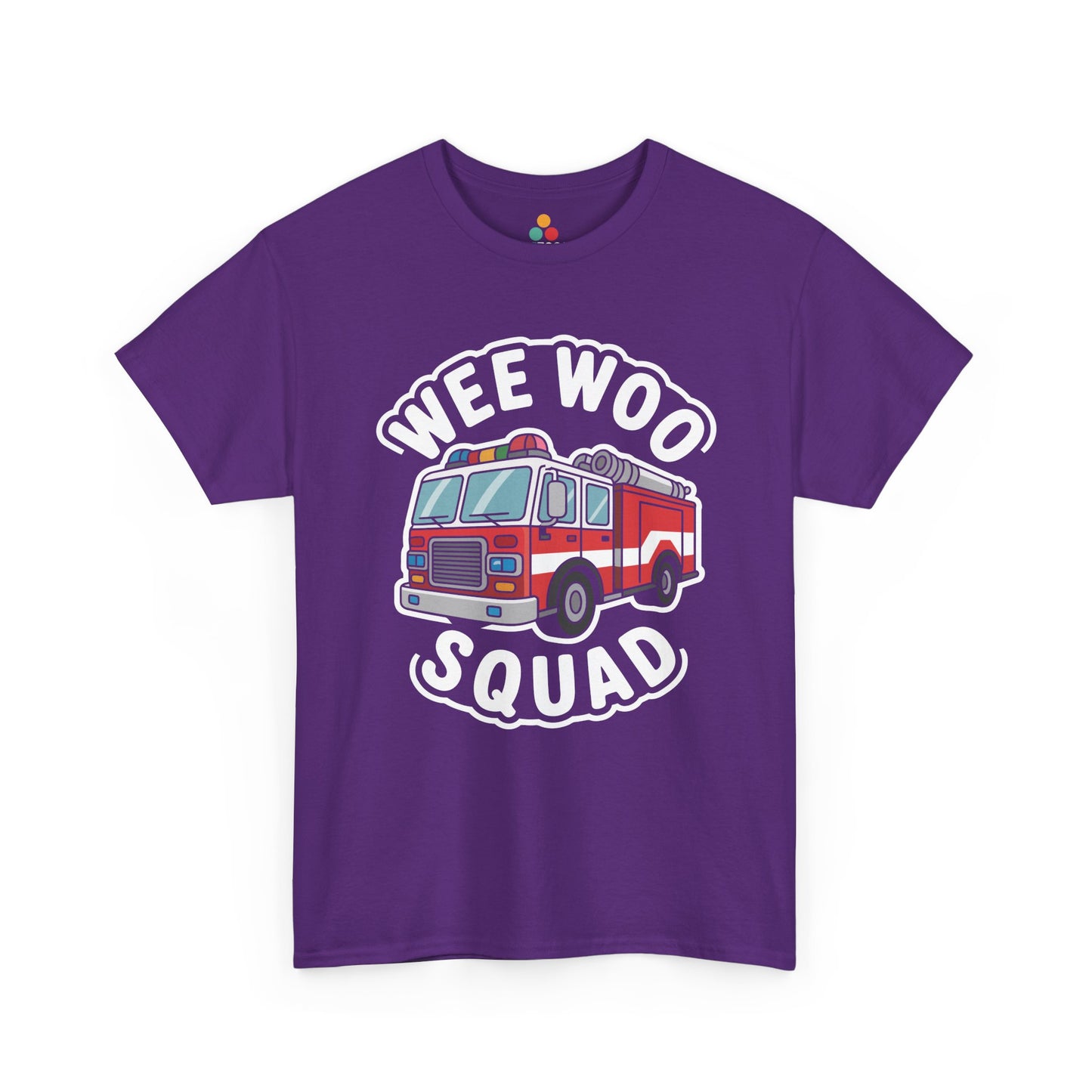 “Teezoca Wee Woo Squad t-shirt, funny firefighter fire truck graphic, purple tee, front display.”

