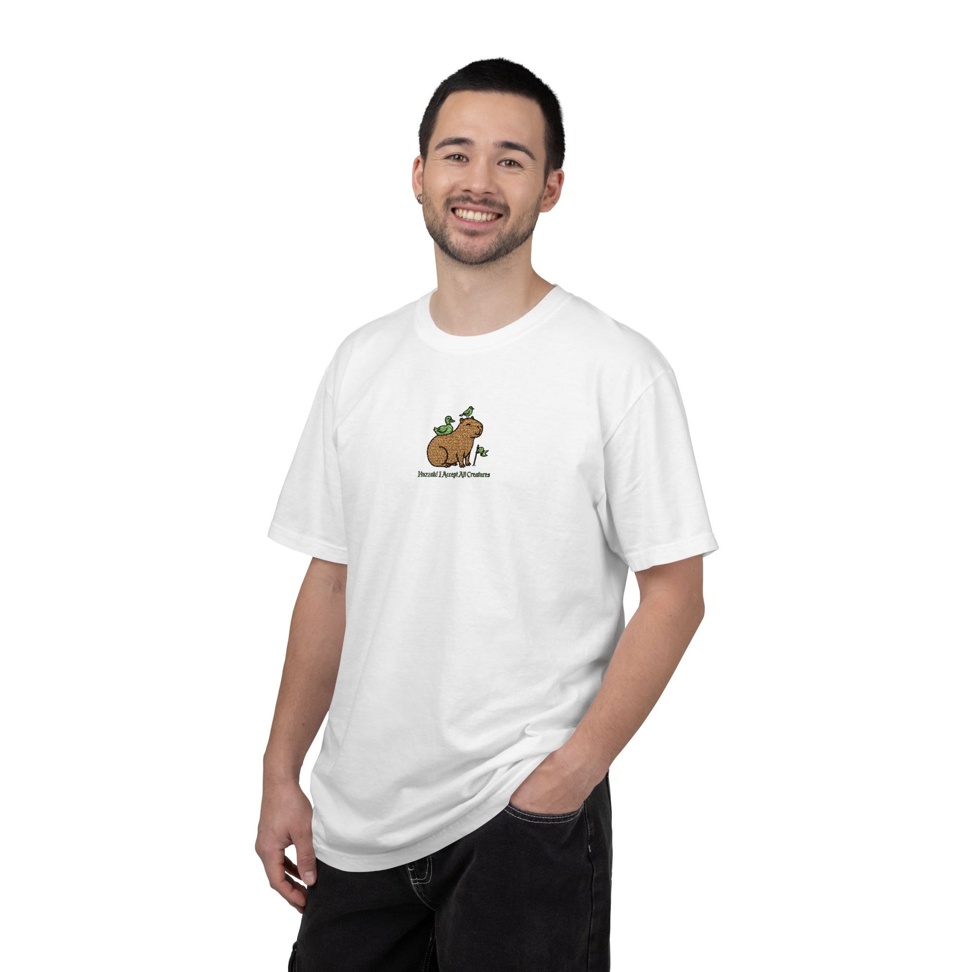 Comfort Colors® Huzzah! I Accept All Creatures Capybara Embroidered T-Shirt | TEEZOCA 
