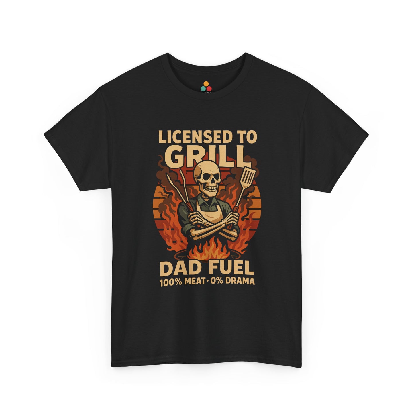 "Black t‑shirt with skeleton grillmaster holding utensils and the text 'LICENSED TO GRILL – DAD FUEL 100% MEAT 0% DRAMA,' flat front view."

