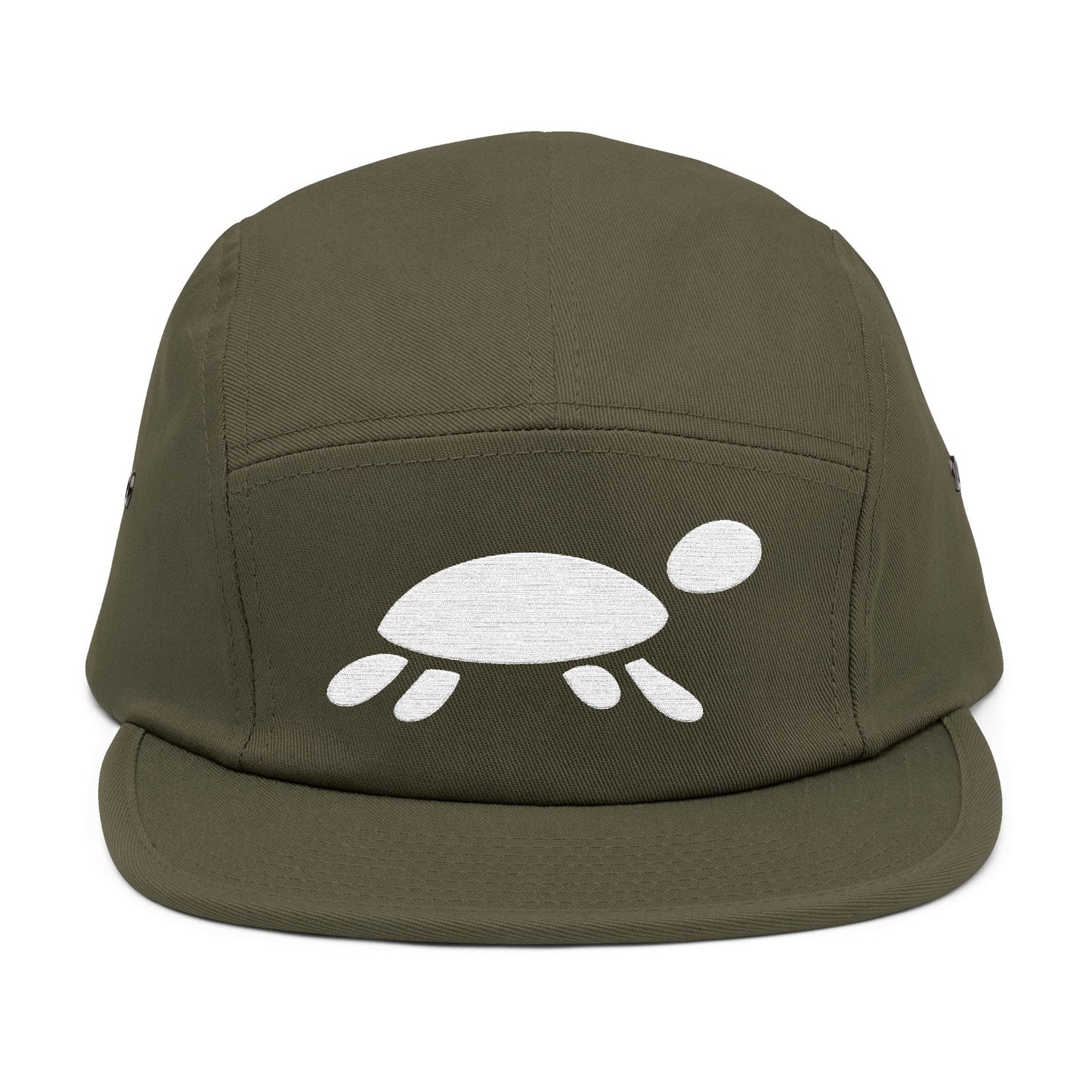 Green cap with a white turtle design on a white background. Minimalist turtle outline embroidery design for 5-panel caps by TEEZOCA