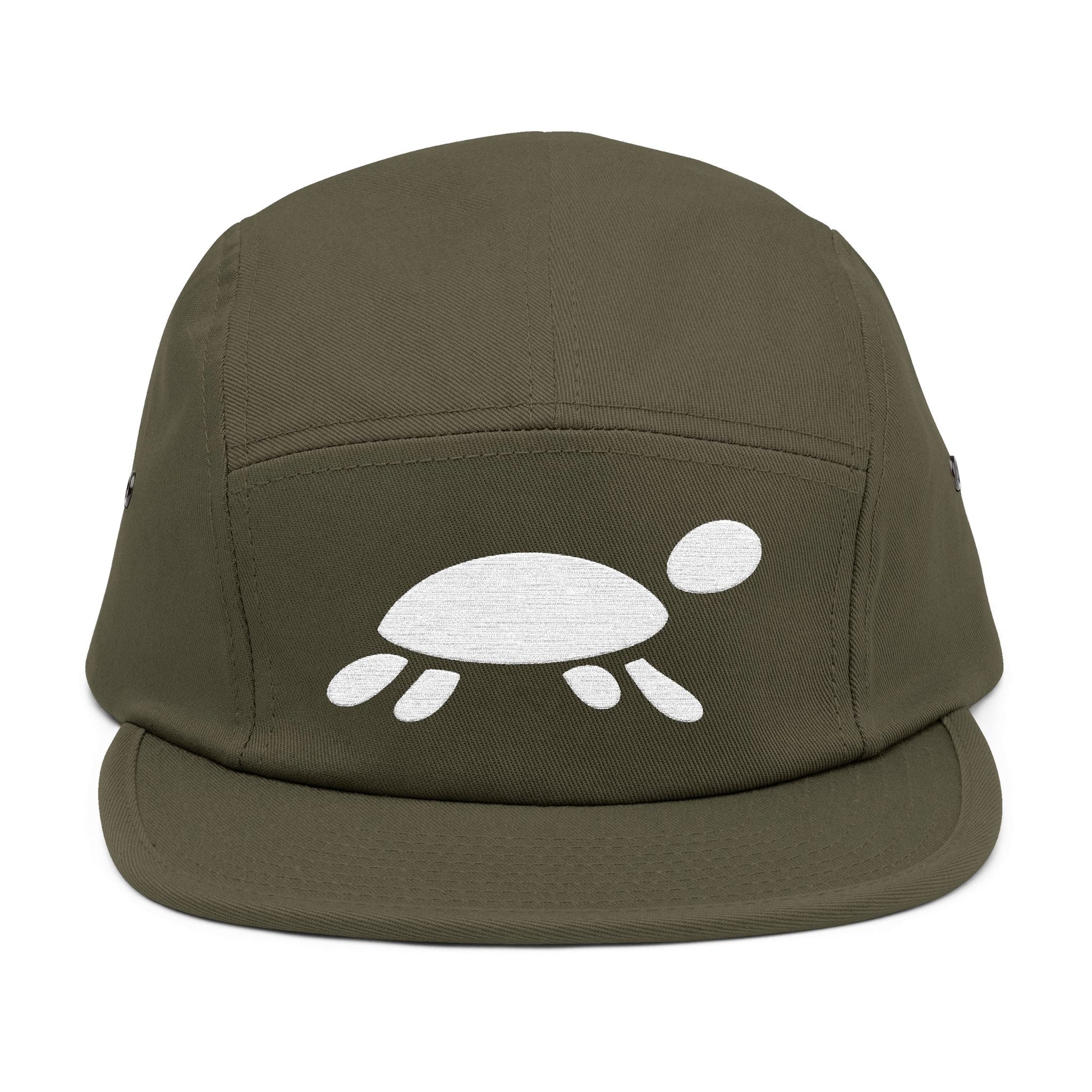 Green cap with a white turtle design on a white background. Minimalist turtle outline embroidery design for 5-panel caps by TEEZOCA