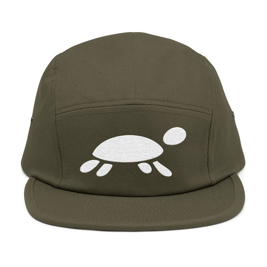 Green cap with a white turtle design on a white background. Minimalist turtle outline embroidery design for 5-panel caps by TEEZOCA