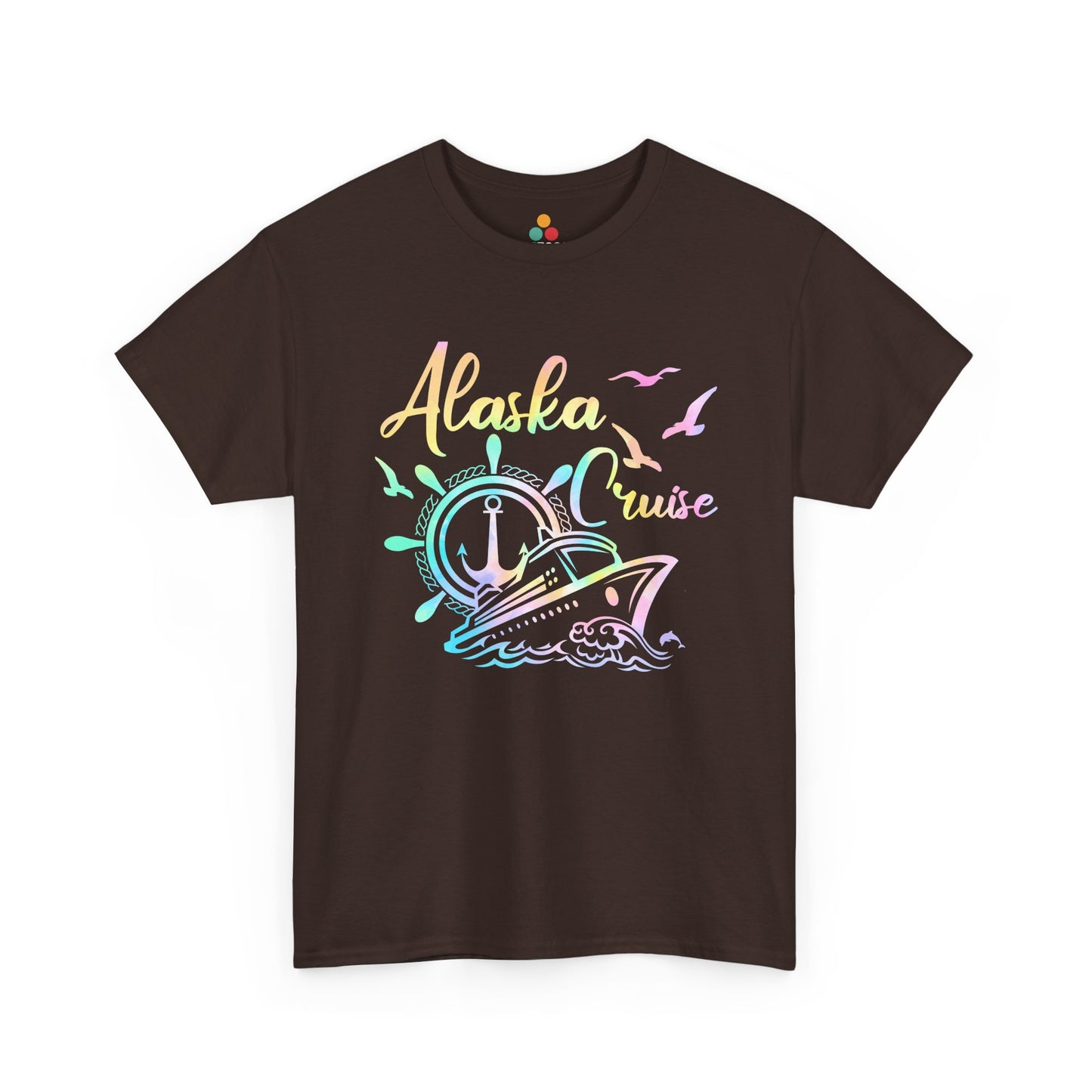 “Teezoca brown Alaska Cruise t-shirt, colorful cruise ship and anchor wheel graphic, front display.”

