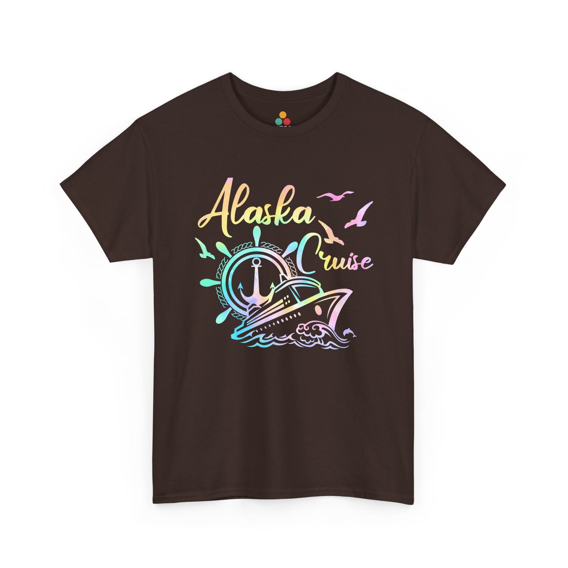 “Teezoca brown Alaska Cruise t-shirt, colorful cruise ship and anchor wheel graphic, front display.”

