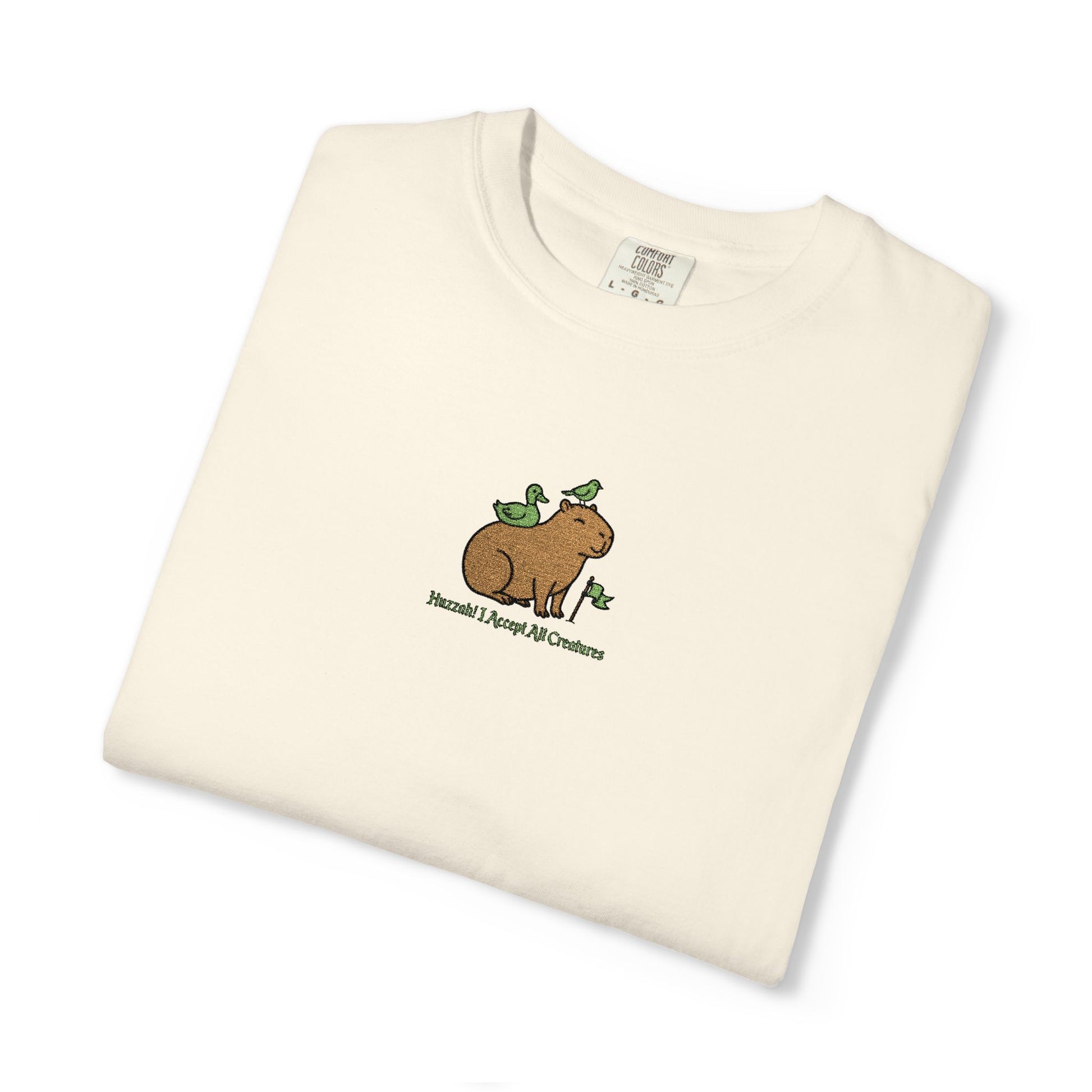 Comfort Colors® Huzzah! I Accept All Creatures Capybara Embroidered T-Shirt | TEEZOCA 