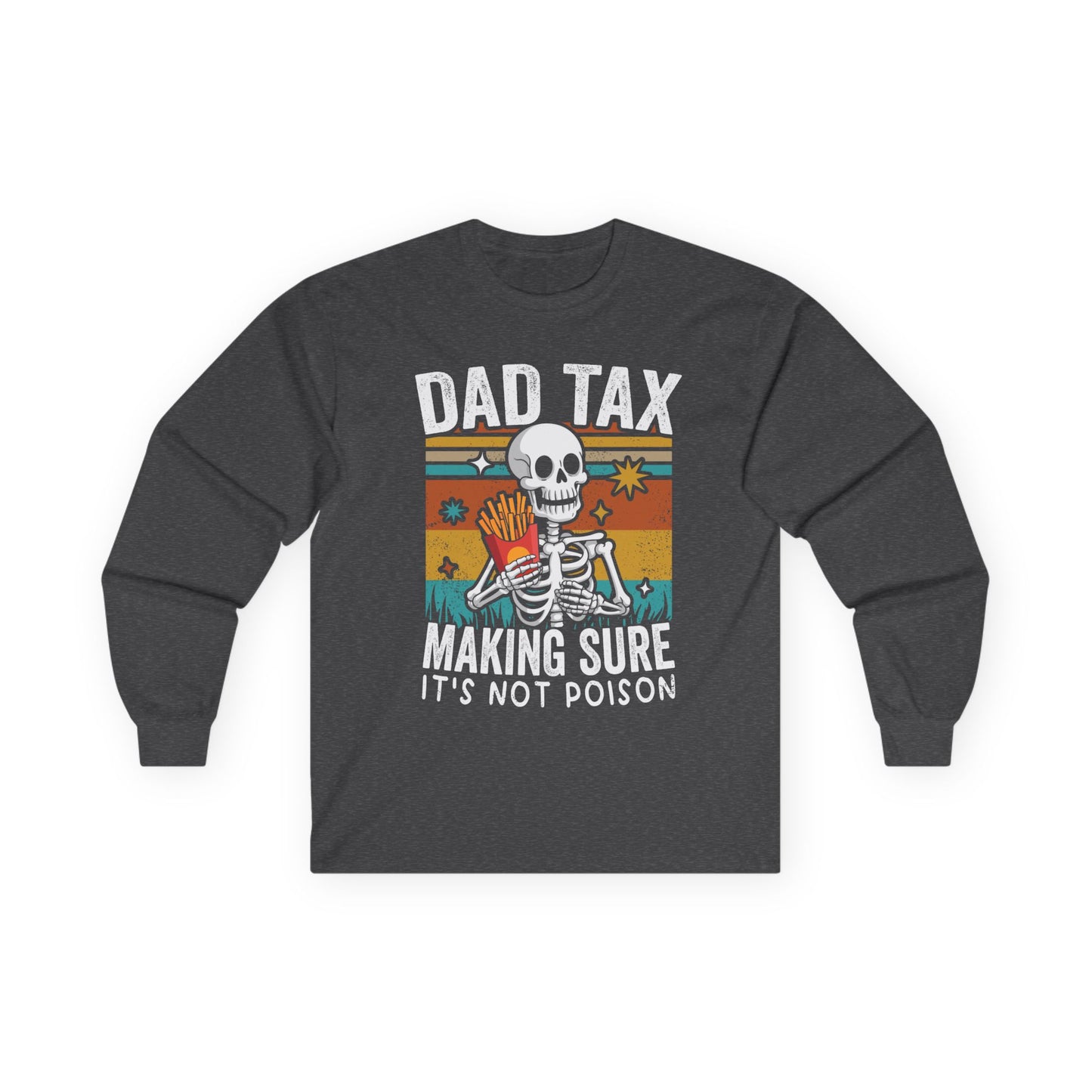 Dark gray long-sleeve shirt with a skeleton graphic and text on a white background