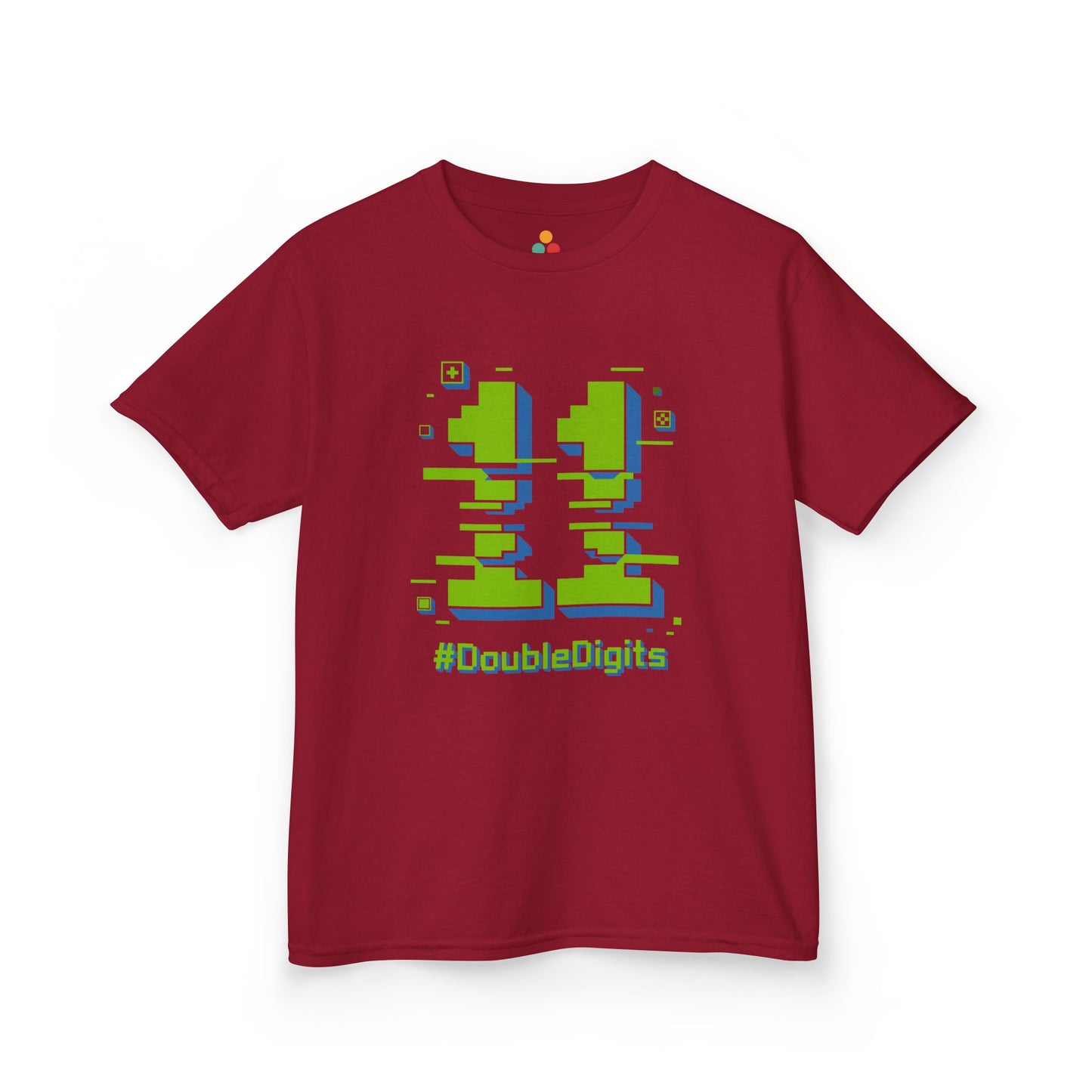 Red kids’ t‑shirt with neon green and blue pixel number 11 and “#DoubleDigits” gamer text, flat front view.