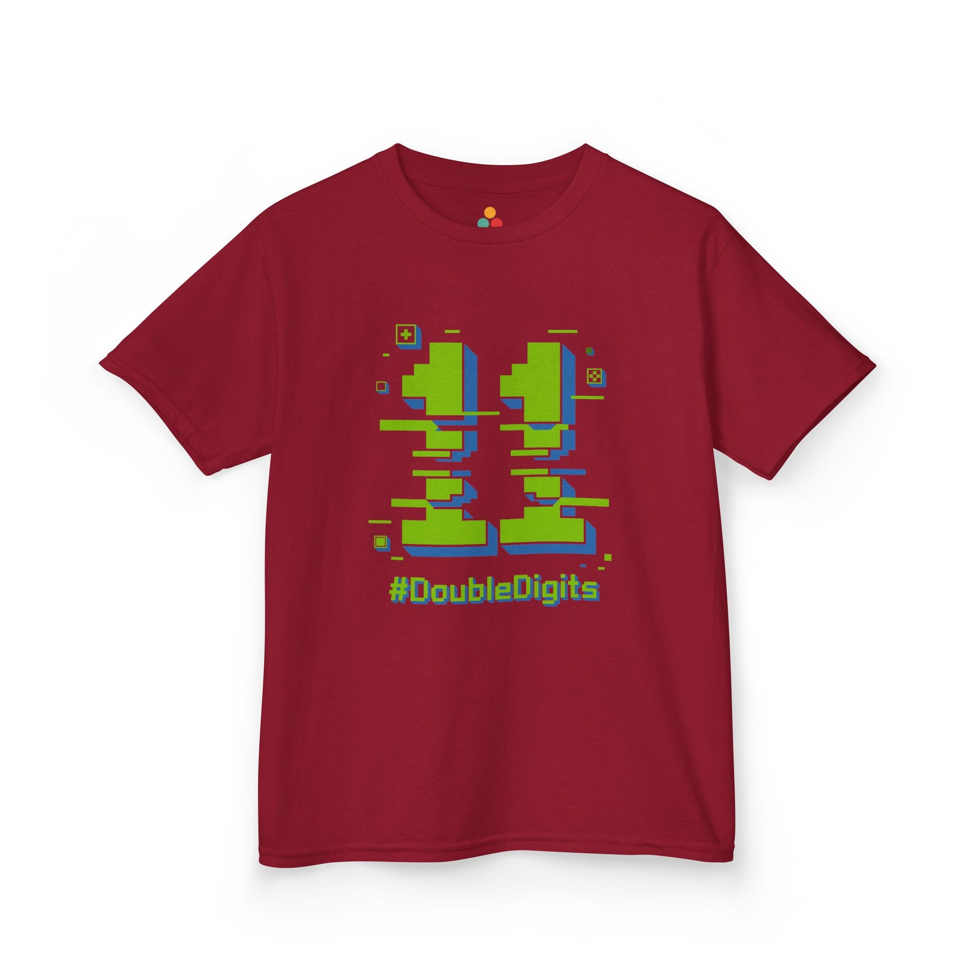 Red kids’ t‑shirt with neon green and blue pixel number 11 and “#DoubleDigits” gamer text, flat front view.