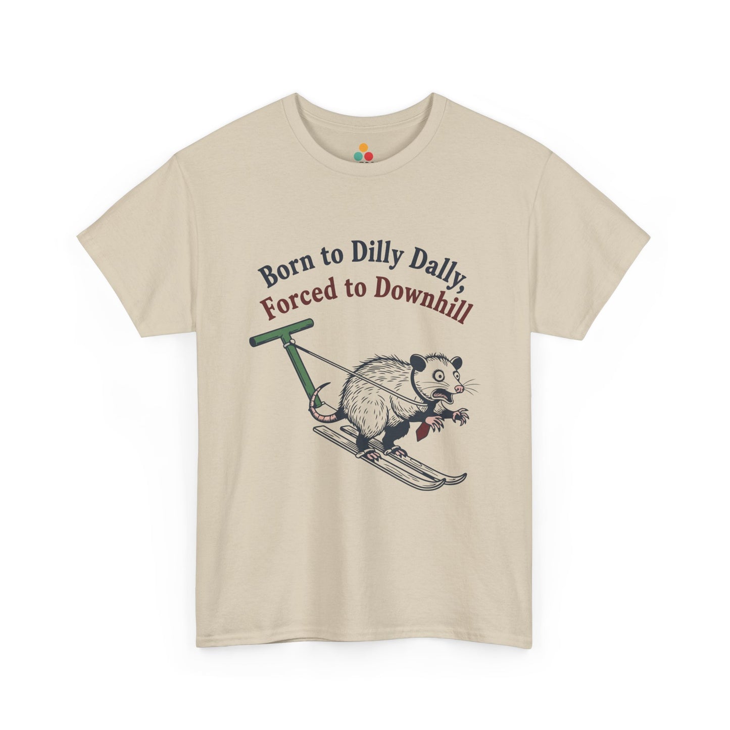 Opossum Skiing Graphic T-Shirt - "Born to Dilly Dally, Forced to Downhill" Funny Winter Tee | TEEZOCA 