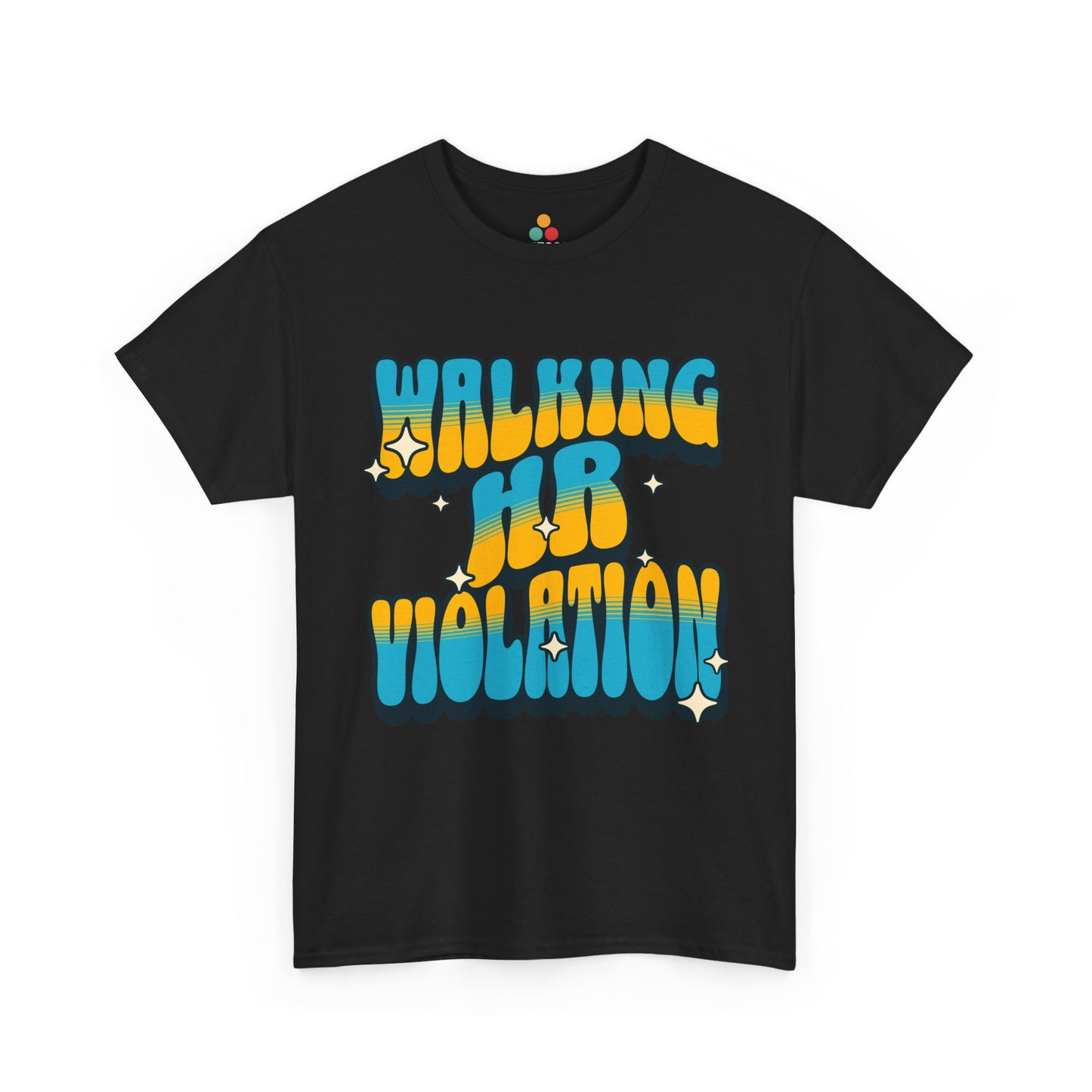 “Dark heather gray t‑shirt featuring yellow and teal ‘Walking HR Violation’ bubble text graphic, flat front.”
