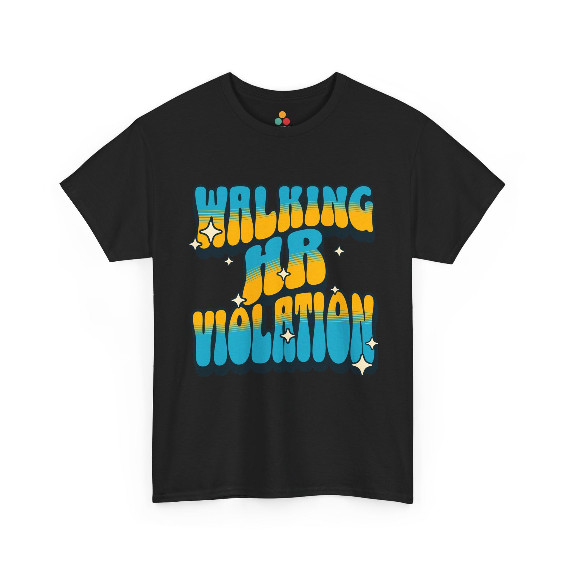 “Dark heather gray t‑shirt featuring yellow and teal ‘Walking HR Violation’ bubble text graphic, flat front.”
