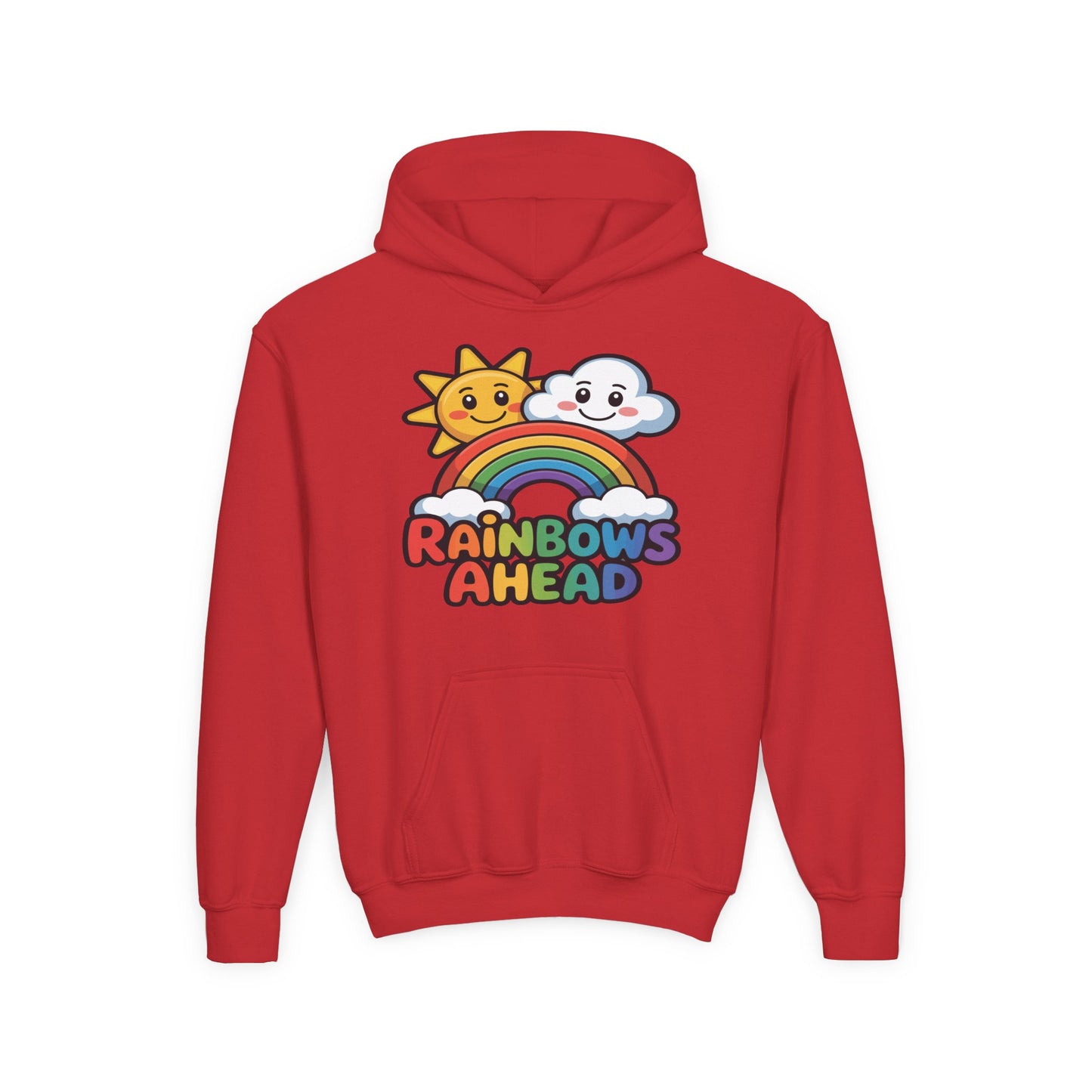 Youth Hoodie — "Rainbows Ahead" Cute Sun & Cloud Rainbow Kids Sweatshirt TEEZOCA