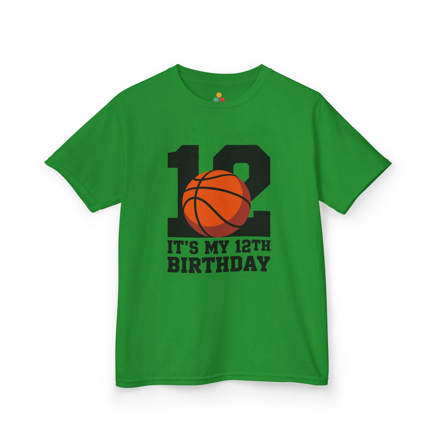  Green kids’ t‑shirt with big black “12” and orange basketball plus “It’s My 12th Birthday” sports graphic, flat front view.