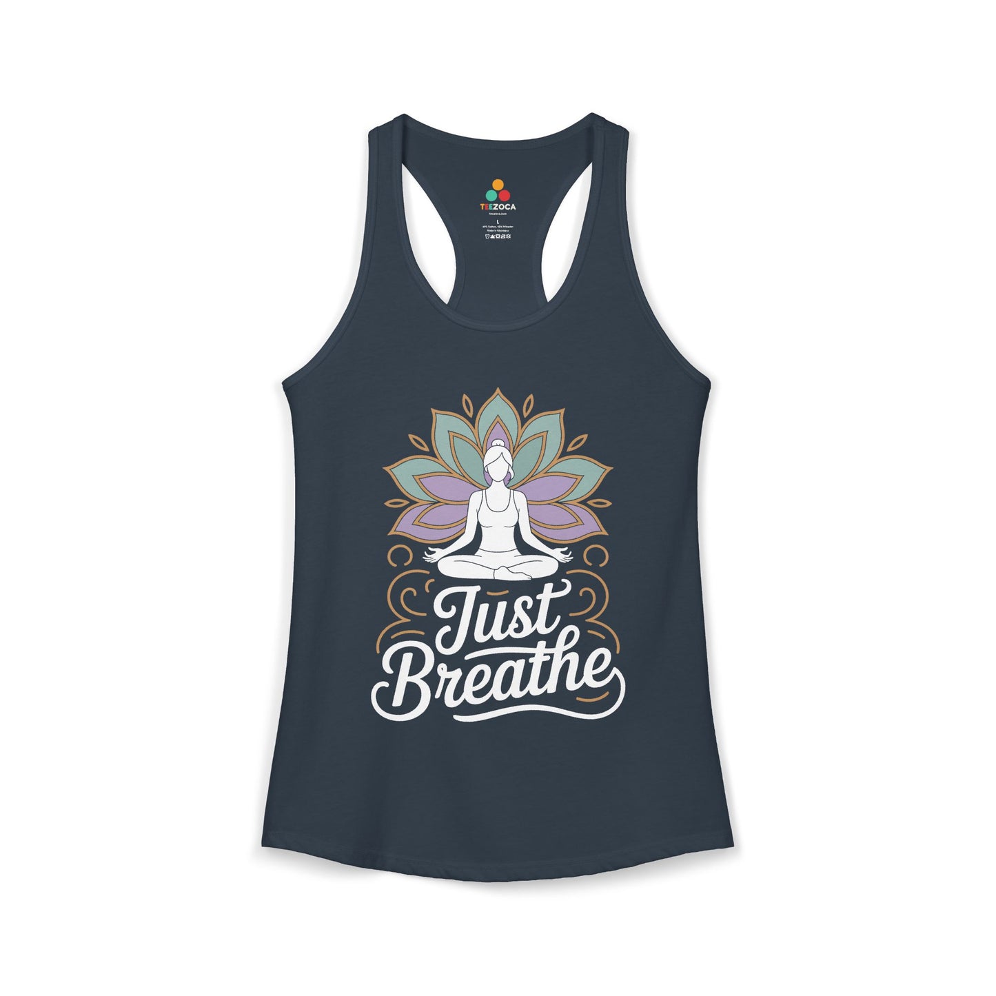 Navy tank top with a yoga-themed design and 'Just Breathe' text on a white background. TEEZOCA women’s yoga tank top with “Just Breathe” meditation and lotus mandala design