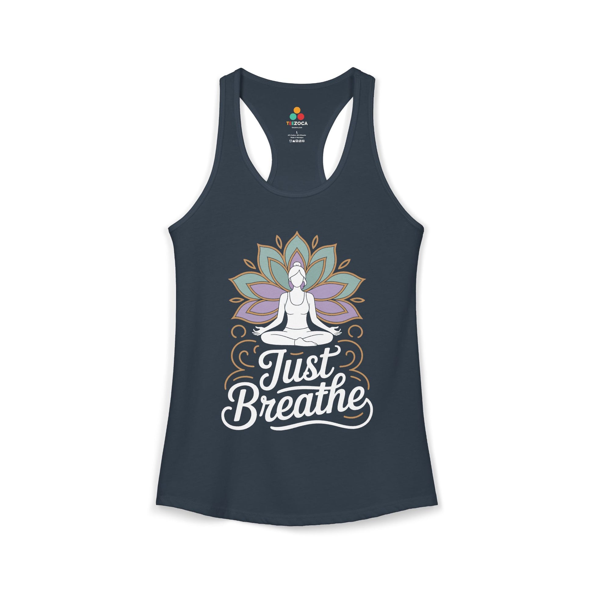 Navy tank top with a yoga-themed design and 'Just Breathe' text on a white background. TEEZOCA women’s yoga tank top with “Just Breathe” meditation and lotus mandala design