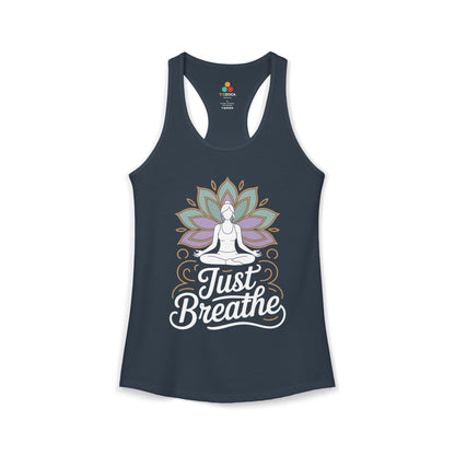Navy tank top with a yoga-themed design and 'Just Breathe' text on a white background. TEEZOCA women’s yoga tank top with “Just Breathe” meditation and lotus mandala design