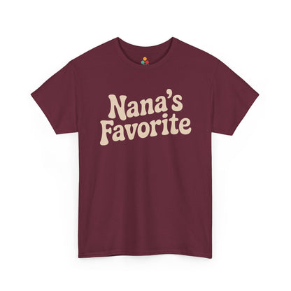  Maroon t‑shirt featuring cream “Nana’s Favorite” groovy lettering, flat front view.