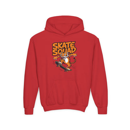 Youth hoodie with Skate Squad cartoon tiger skater graphic TEEZOCA