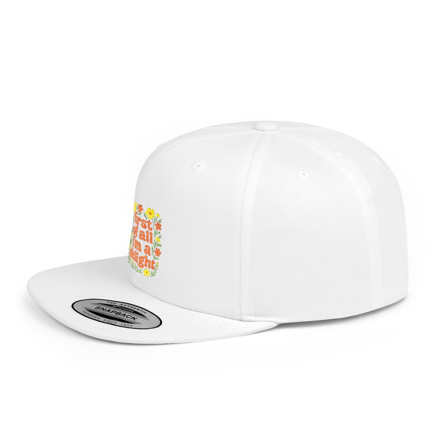 White cap with colorful text and floral design on a white background