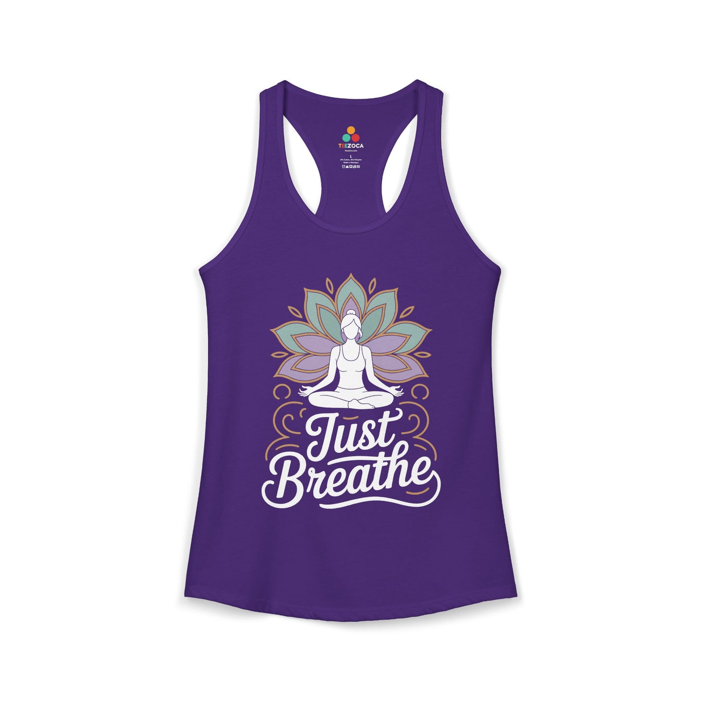 Purple tank top with a yoga design and 'Just Breathe' text on a white background. TEEZOCA women’s yoga tank top with “Just Breathe” meditation and lotus mandala design
