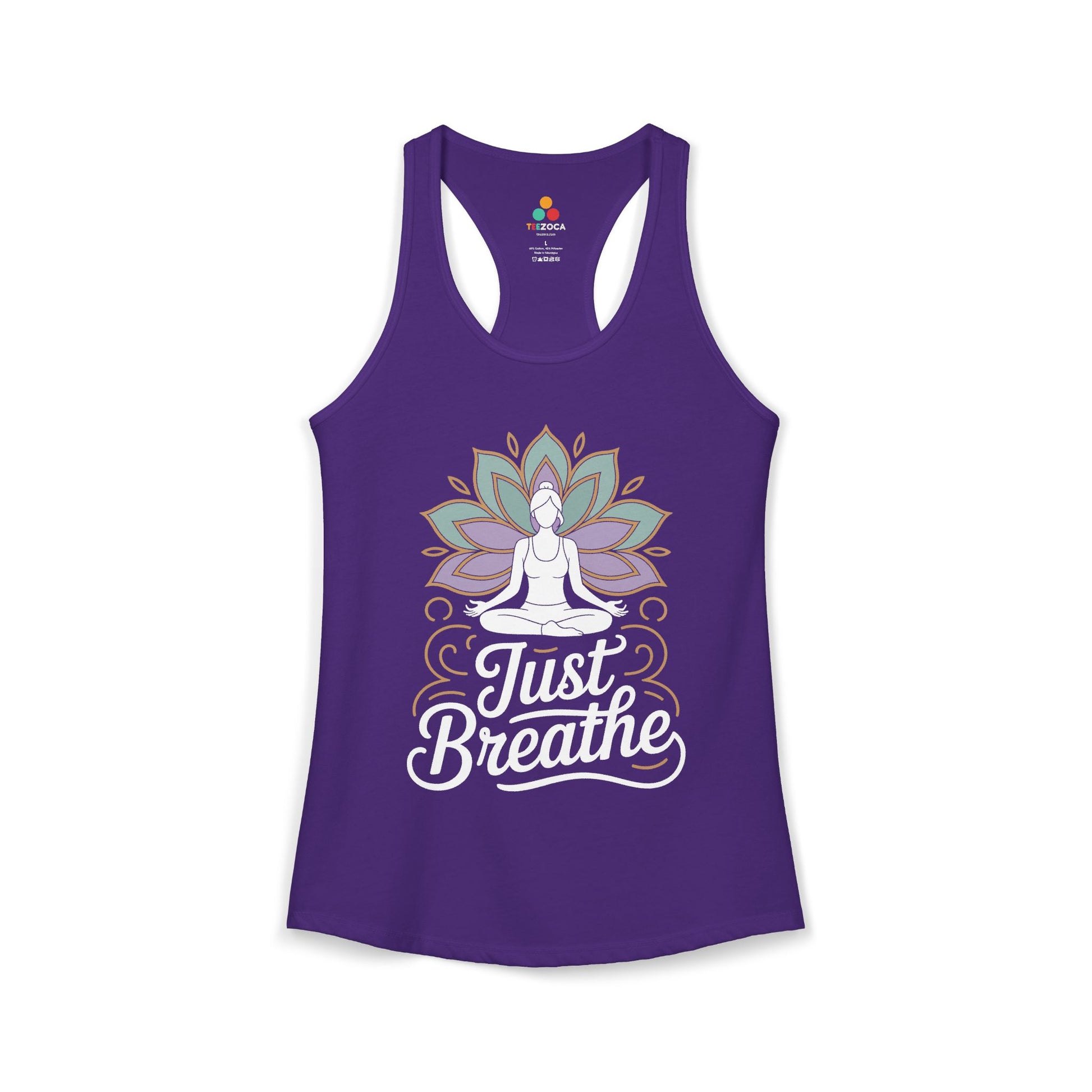 Purple tank top with a yoga design and 'Just Breathe' text on a white background. TEEZOCA women’s yoga tank top with “Just Breathe” meditation and lotus mandala design