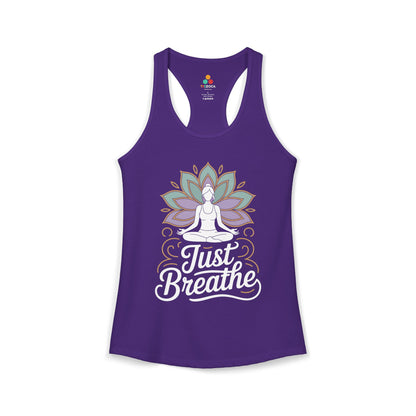 Purple tank top with a yoga design and 'Just Breathe' text on a white background. TEEZOCA women’s yoga tank top with “Just Breathe” meditation and lotus mandala design