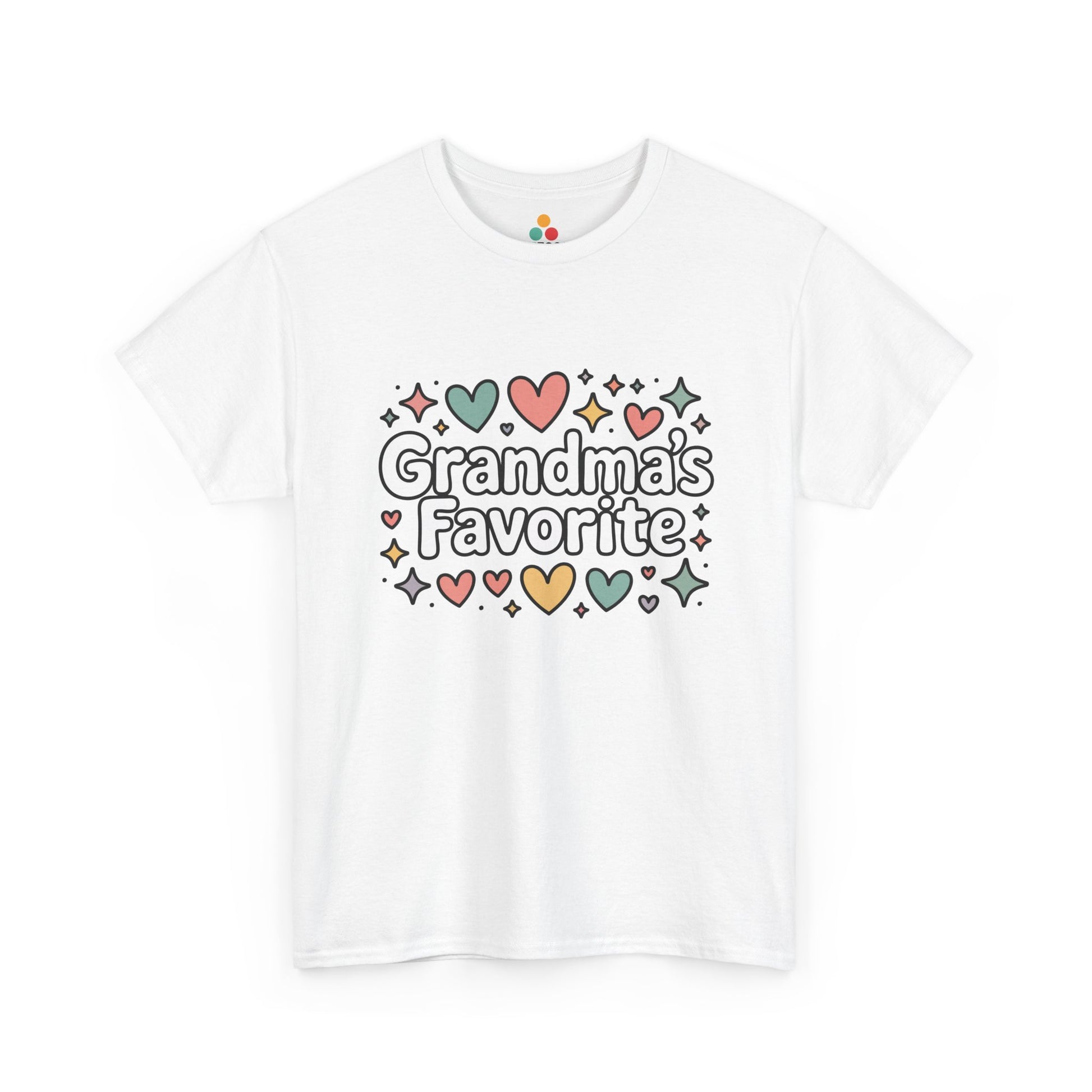 TEEZOCA white “Grandma’s Favorite” hearts and stars t‑shirt shown flat.