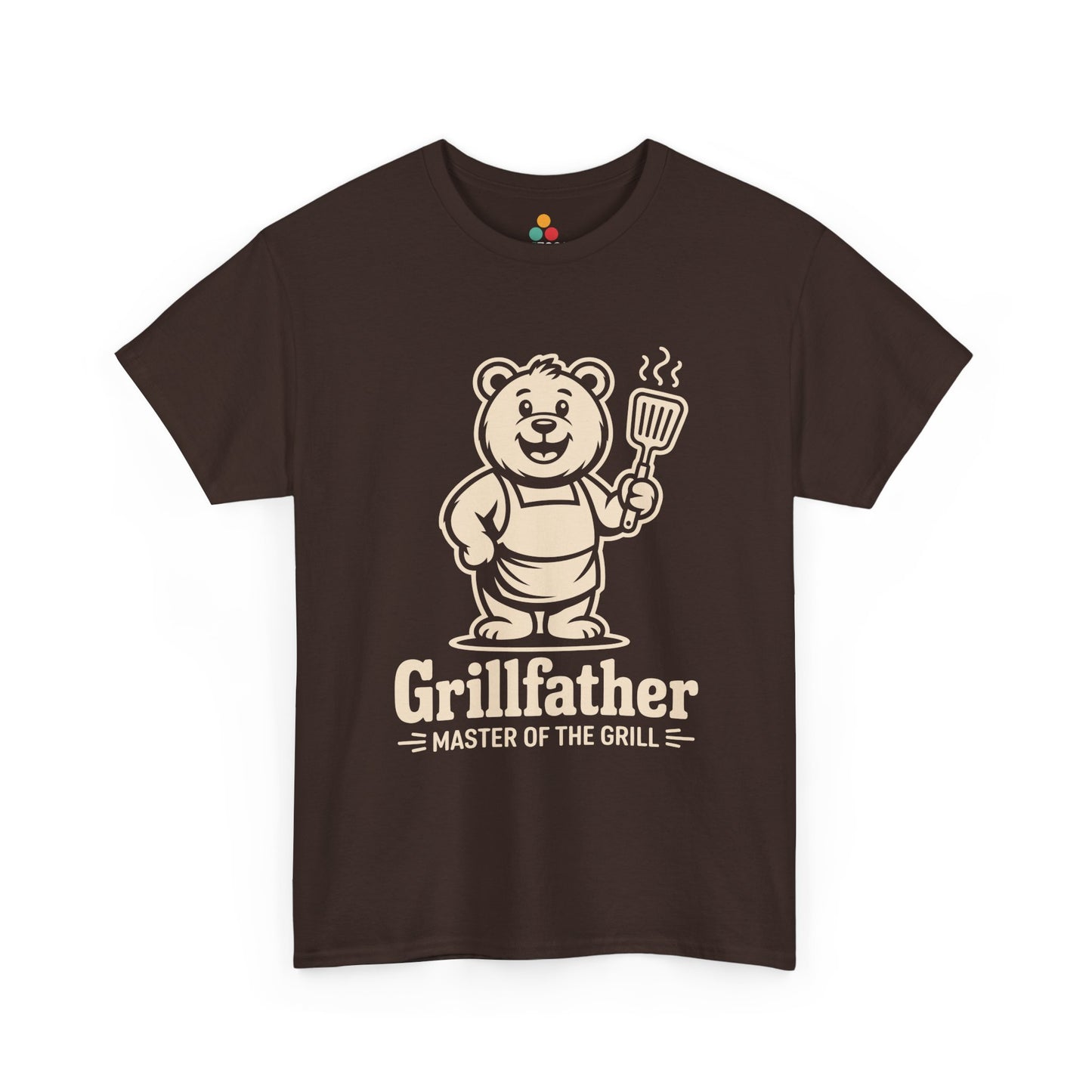 TEEZOCA brown “Grillfather Master Of The Grill” grillmaster bear T‑shirt displayed flat.
