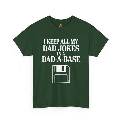 Green t-shirt with white text and floppy disc graphic on a white background. TEEZOCA Funny Dad Gift.