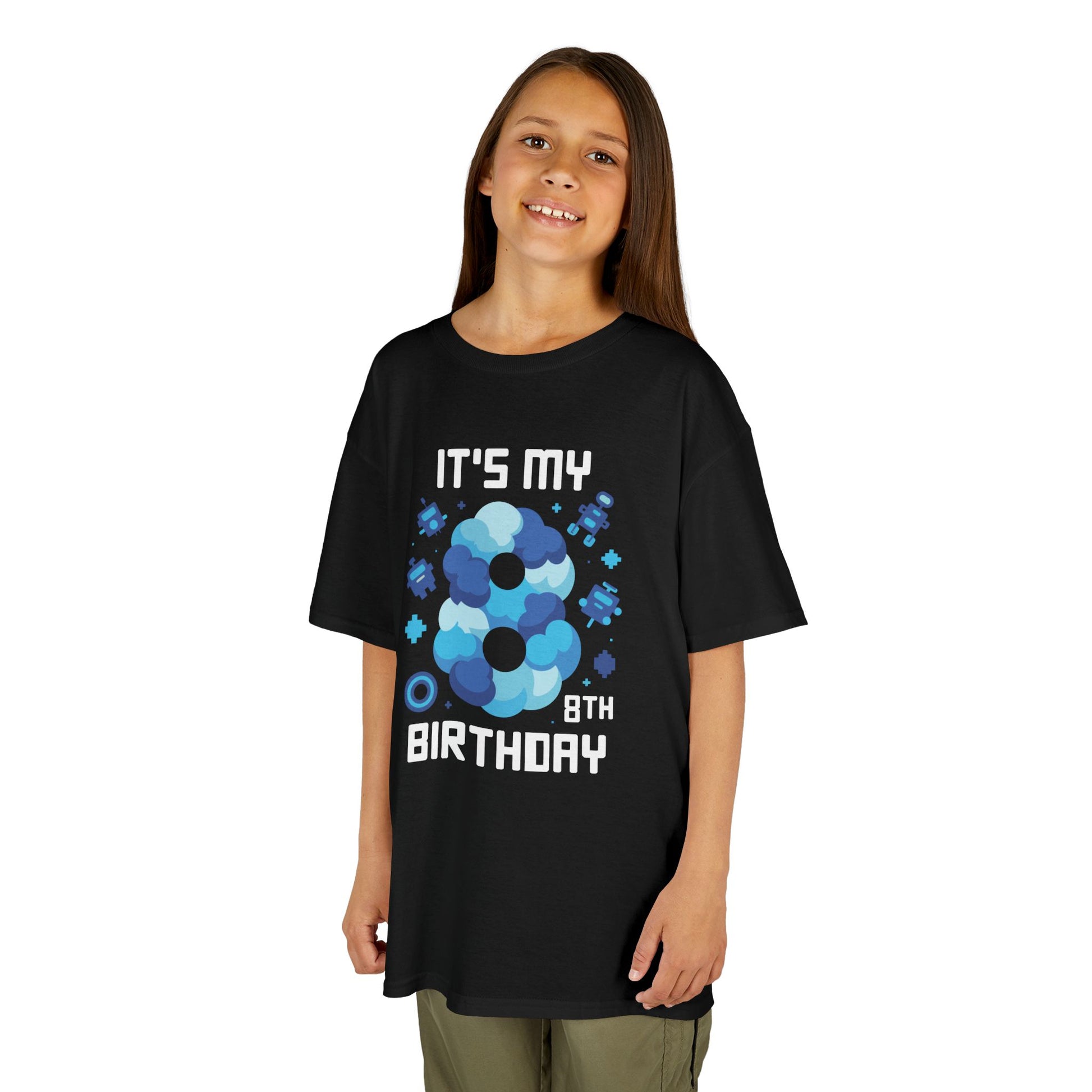 “Girl wearing black ‘It’s My 8th Birthday’ gamer shirt with blue number 8 and robots, front view.”


