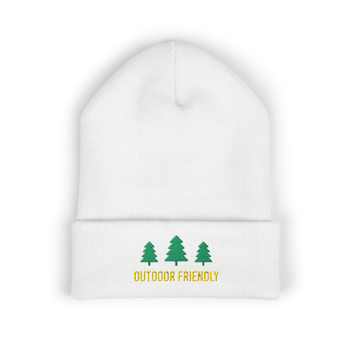 White beanie with green trees and 'Outdoor Friendly' text on a white background