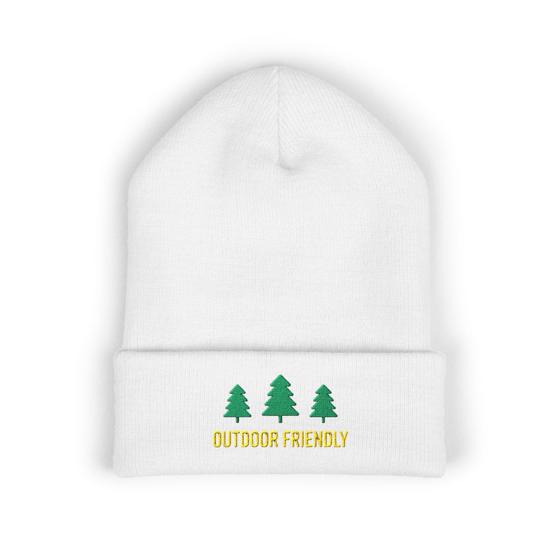 White beanie with green trees and 'Outdoor Friendly' text on a white background