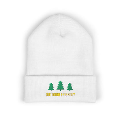 White beanie with green trees and 'Outdoor Friendly' text on a white background