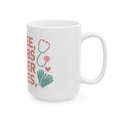 TEEZOCA statement mug showing Coffee Scrubs & Rubber Gloves text and icons