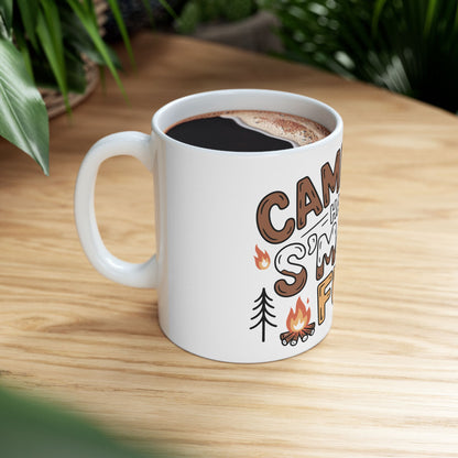 TEEZOCA coffee mug with Campers Have S’More Fun campfire-themed artwork