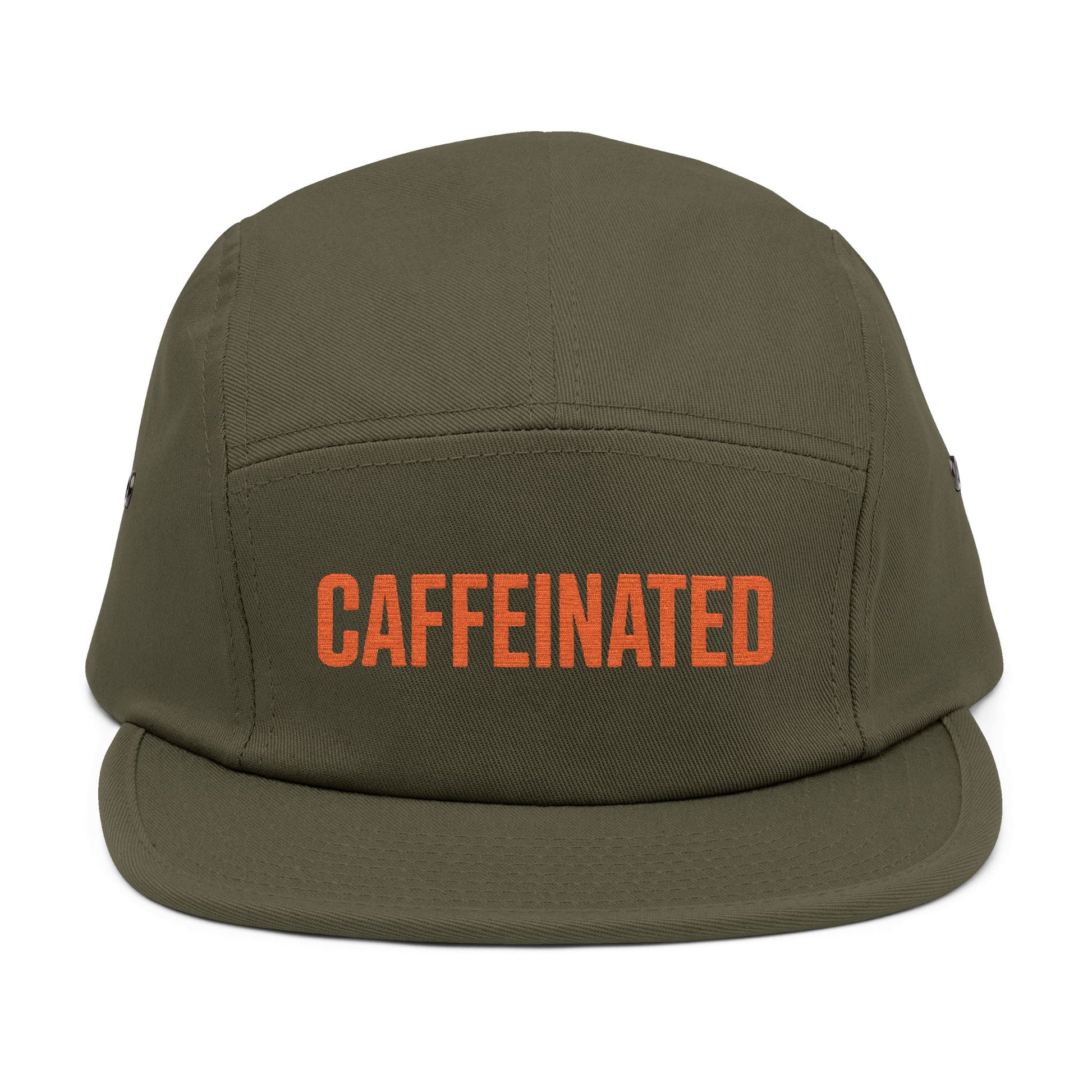 Green cap with 'CAFFEINATED' text in red on a white background. Caffeinated bold typography graphic design in orange. TEEZOCA