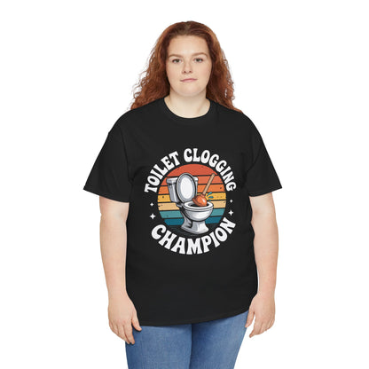 Woman modeling a TEEZOCA “Toilet Clogging Champion” vintage bathroom humor tee.