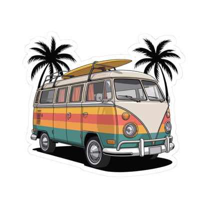 TEEZOCA retro surf van sticker vintage camper with surfboard and palm trees
