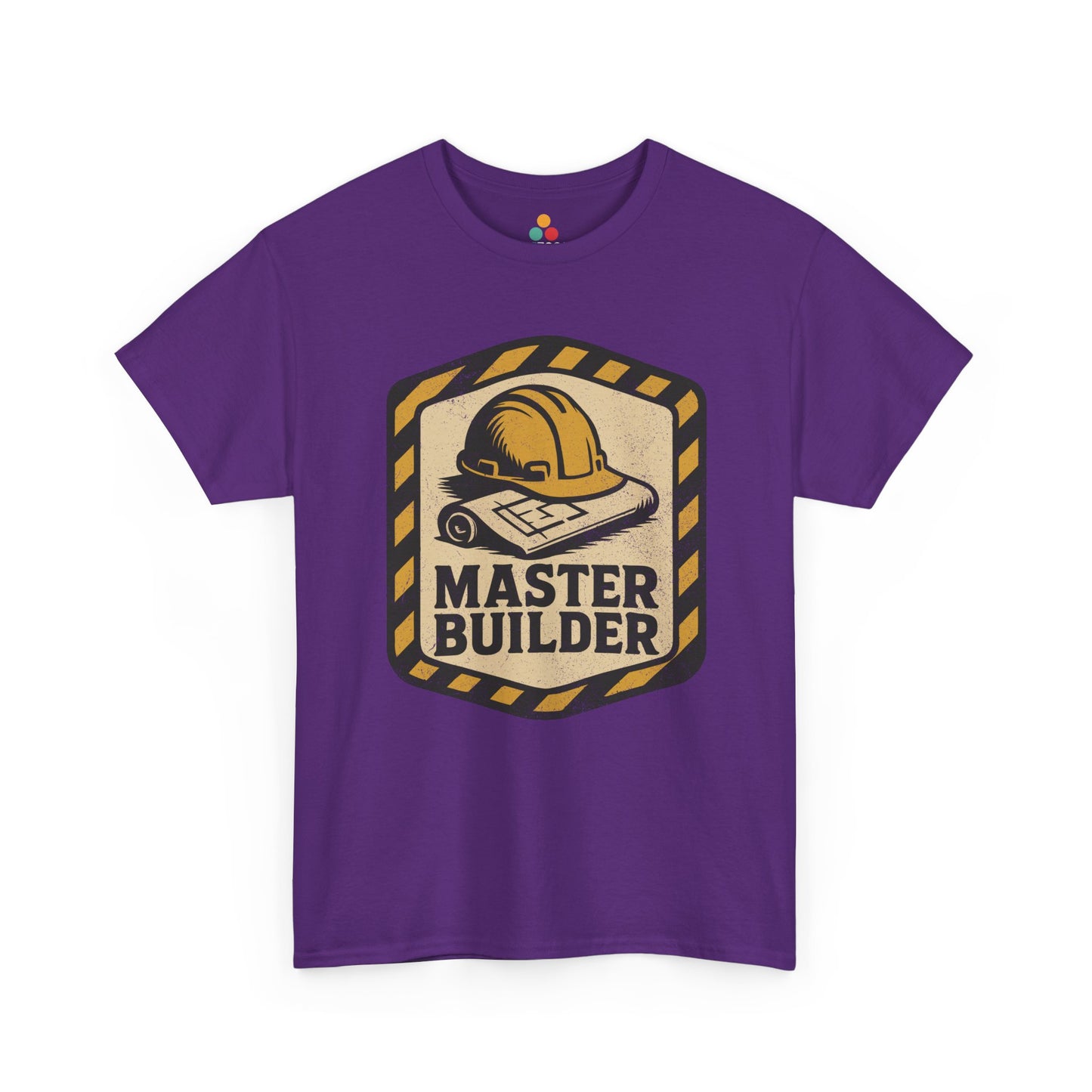 “purple ‘Master Builder’ t‑shirts featuring hard hat and blueprint design, flat view.”

