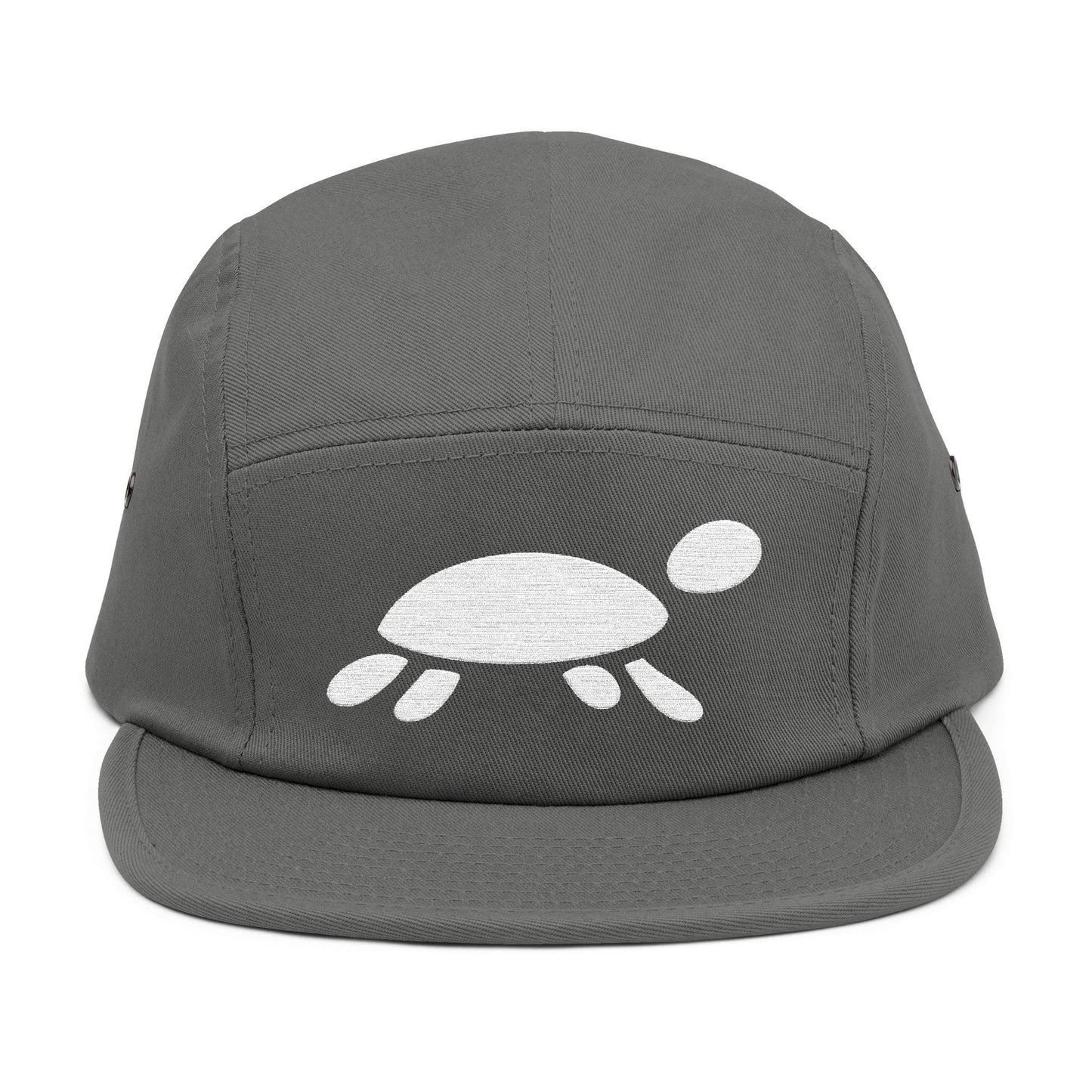 Gray cap with a white turtle design on a white background. Minimalist turtle outline embroidery design for 5-panel caps by TEEZOCA