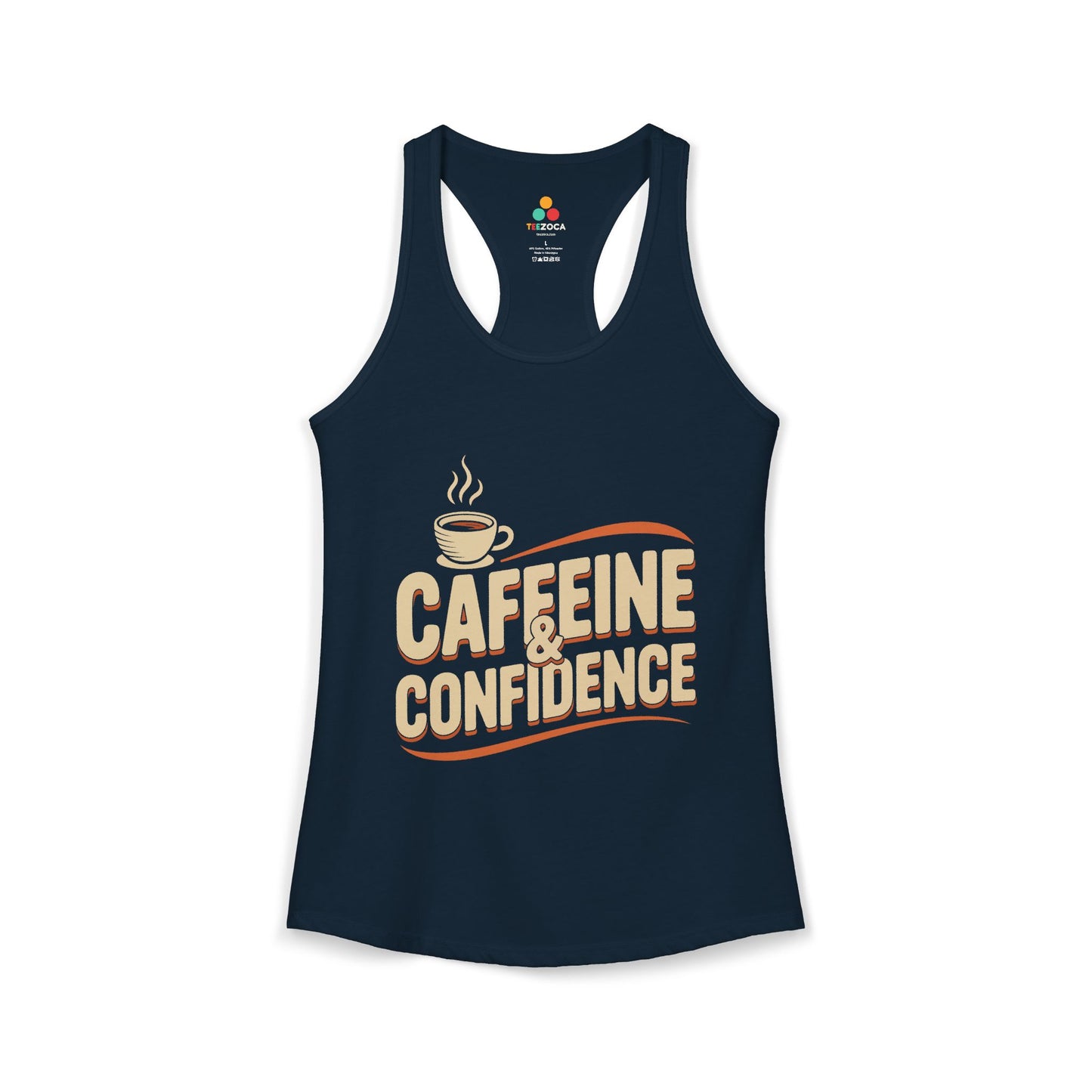 Navy tank top with 'Caffeine & Confidence' text and coffee cup graphic on a white background. TEEZOCA women’s coffee tank top with “Caffeine & Confidence” typography and coffee cup design