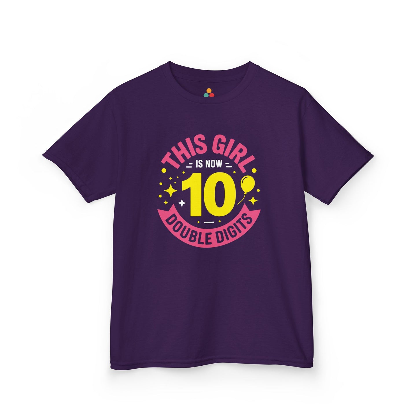 "Purple 'This Girl is Now 10 Double Digits' 10th birthday t‑shirt, colorful number 10 with pink and purple text, girls celebration top, front view."

