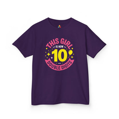 "Purple 'This Girl is Now 10 Double Digits' 10th birthday t‑shirt, colorful number 10 with pink and purple text, girls celebration top, front view."


